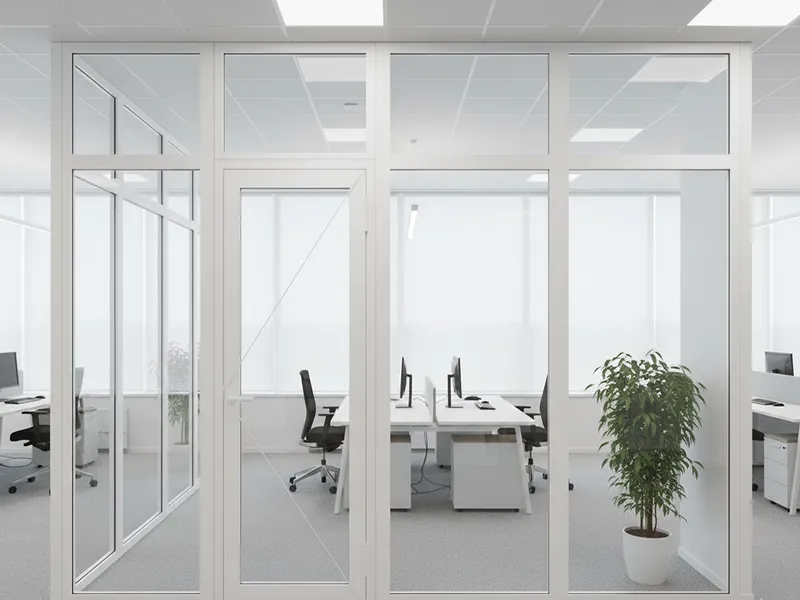 Светопрозрачные алюминиевые перегородки с дверным блоком для переговорной комнаты в офисе, позволяющие сохранить естественное освещение